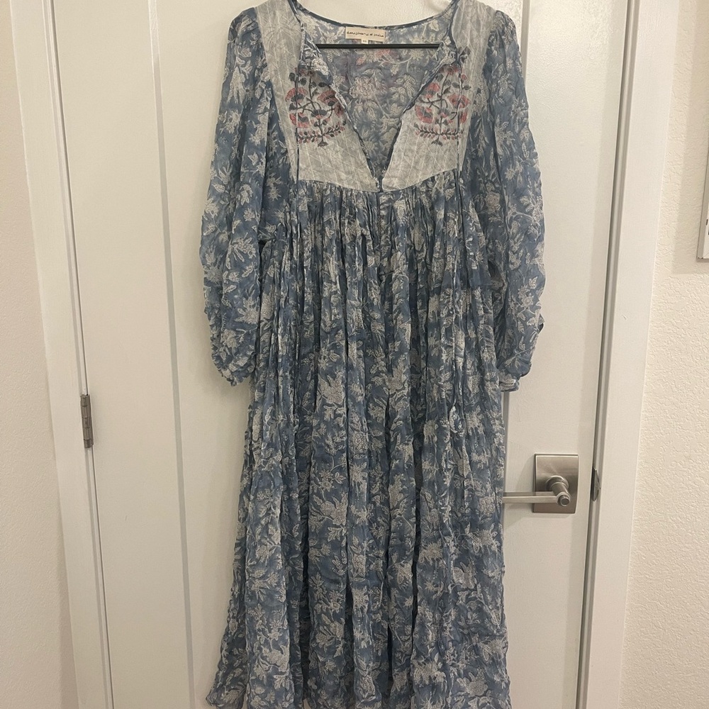 Daughters of India Blue Floral Maxi Dress with Cream Yoke and Embroidery